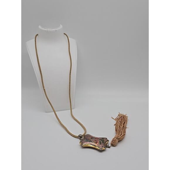 Vintage Gold Tone Butterfly Cloisonné Pendant Rope 28" Necklace Tassel Fringe - Picture 4 of 6